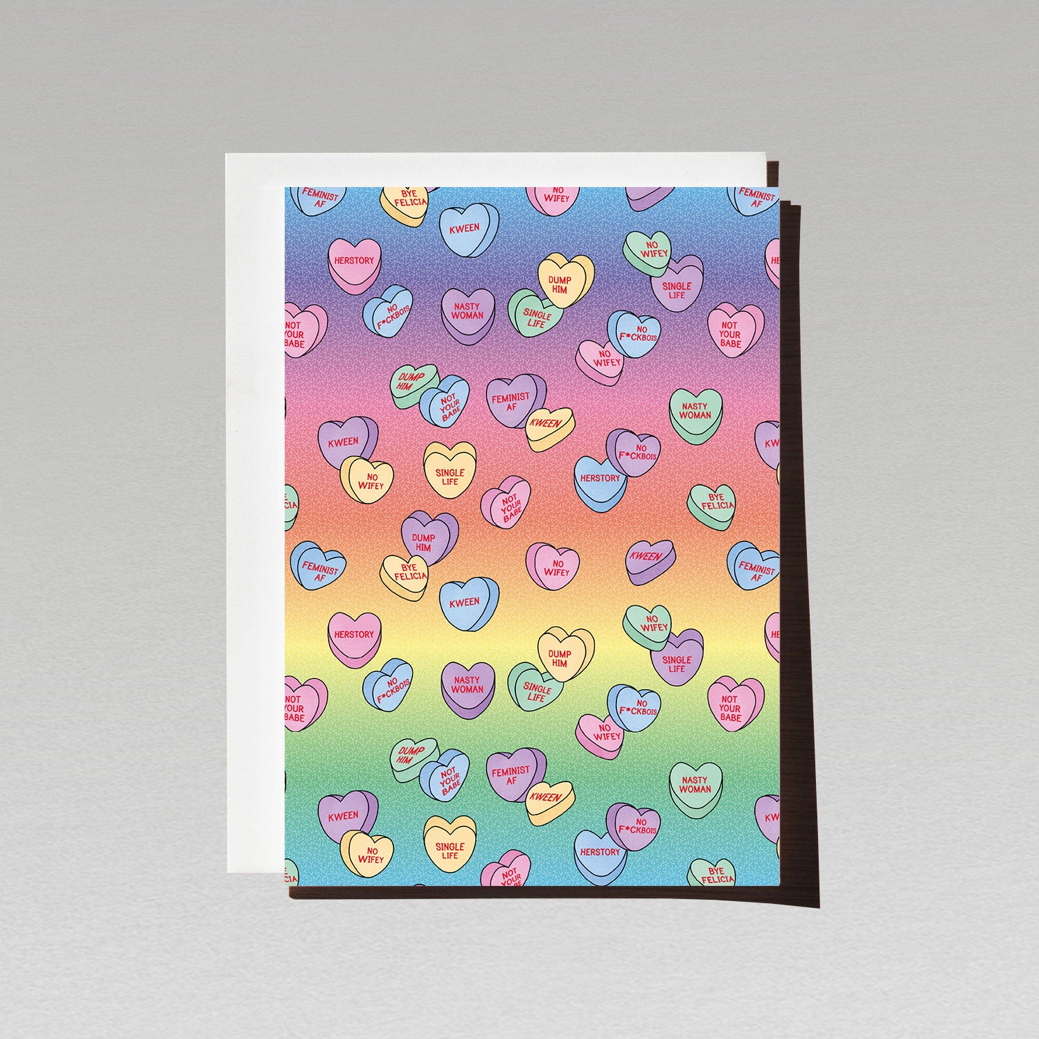 rainbow gradient background love greeting card with lots of candy hearts with female empowerment messages